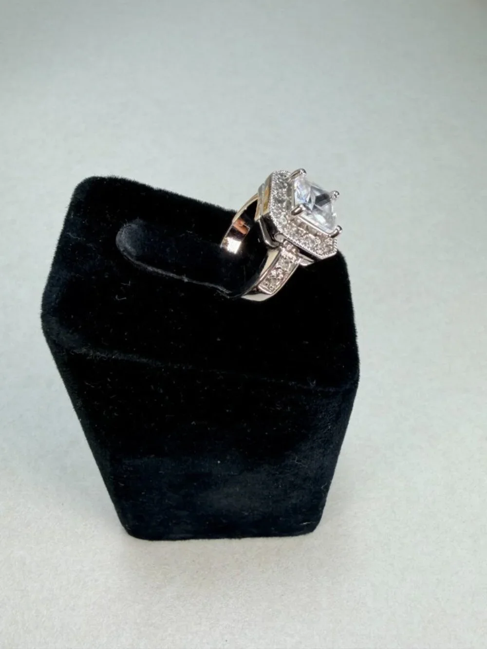 Princess Cut Halo CZ Engagement Style Ring Silver Tone Size 7 Sparkling